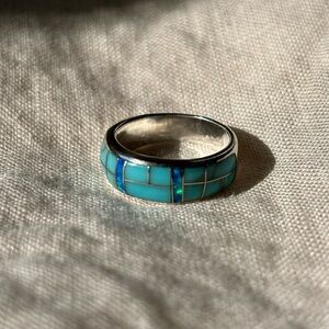 Turquoise and Opal Inlay Sterling Silver Ring Size 5